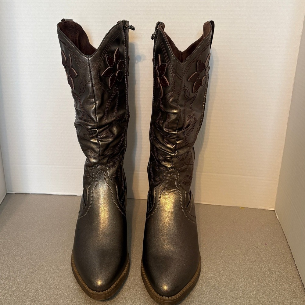 Girls Metallic Bronze Flower Boots Side Zip Block Heel Western Style Size 8